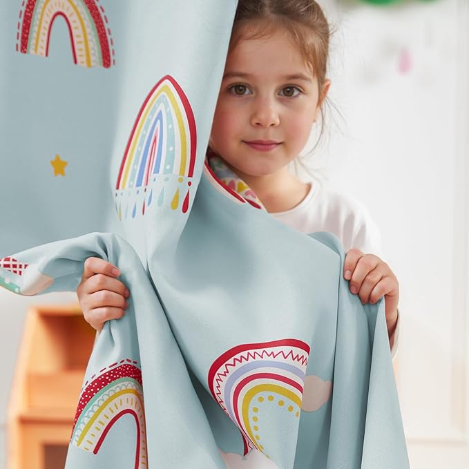 jinchan Nursery Blackout Curtains for Kids Room Rainbow Blue Curtains Cute Girls Bedroom Dorm Playroom Window Treatment Grommet Thermal Insulated Room Darkening 2 Panels 63 Inch Length