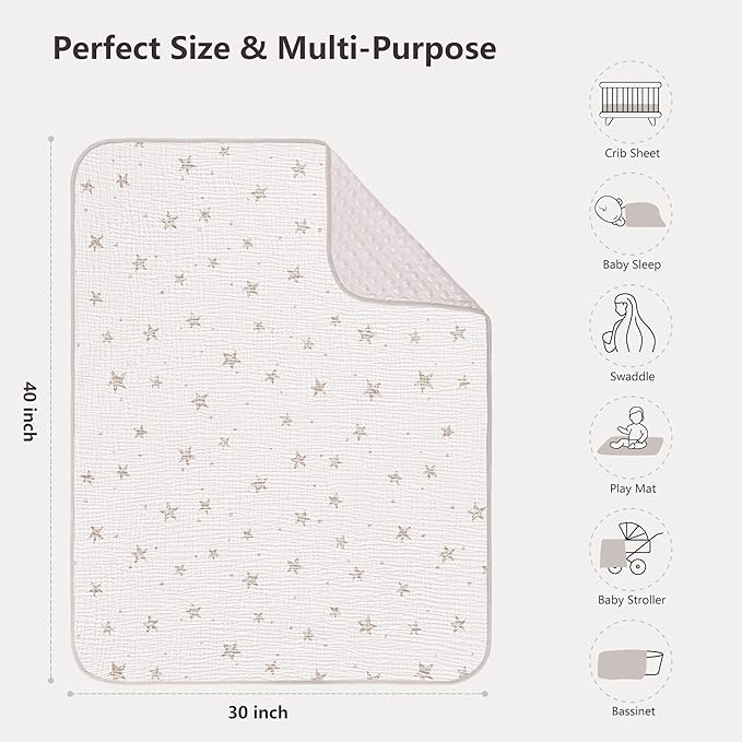 Susurration Baby Blanket for Unisex Boys Girls, Soft Nursery Minky Blanket with Muslin Cotton Front and Dotted Fleece Back, Receiving Blanket for Baby Newborn Infant, 30x40inch (Beige Star)
