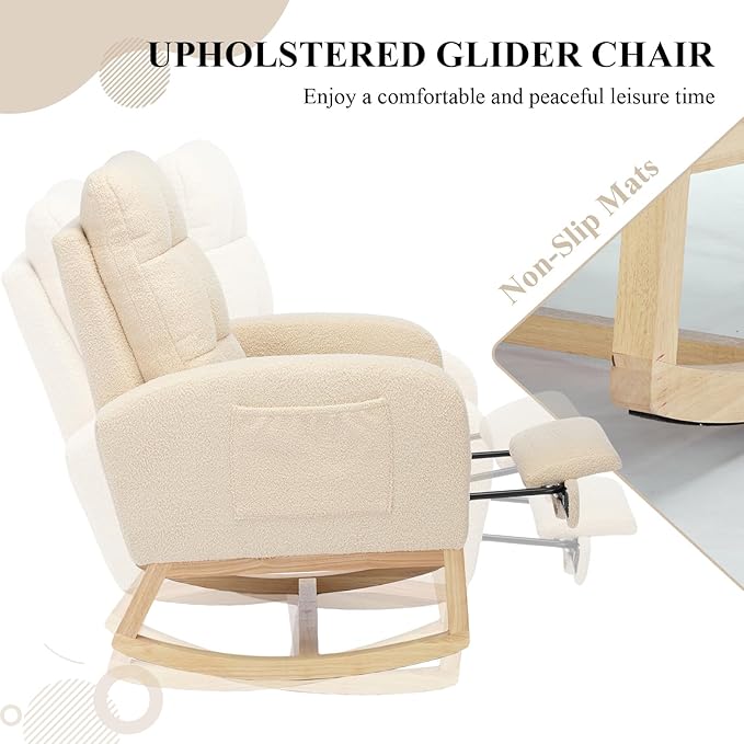 Nursery Rocking Chair, Polyester Upholstered Glider Chair with Footrest, Comfy Rocker Chair, Accent Chair with High Backrest, Glider Rocker, Armchair for Living Room (Beige Teddy)
