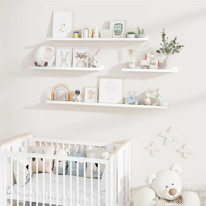Fun Memories Picture Ledge Shelf, Pine Wood Floating Shelves Set of 2, 55 inch Nursery Book Shelves, Photo Ledge Book Shelves Wall Mounted for Living Room Kids' Room Bedroom - White