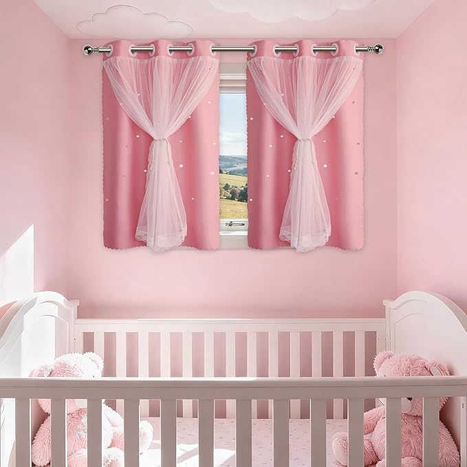 Pink Curtains for Girls Bedroom Cute - Aesthetic Star Cutout Blackout Double Layer with Sheer Overlay, 45 Inch Length 2 Panels Kids Room Curtain Baby Nursery Decor Short Drapes