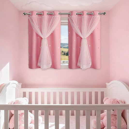 Pink Curtains for Girls Bedroom Cute - Aesthetic Star Cutout Blackout Double Layer with Sheer Overlay, 45 Inch Length 2 Panels Kids Room Curtain Baby Nursery Decor Short Drapes