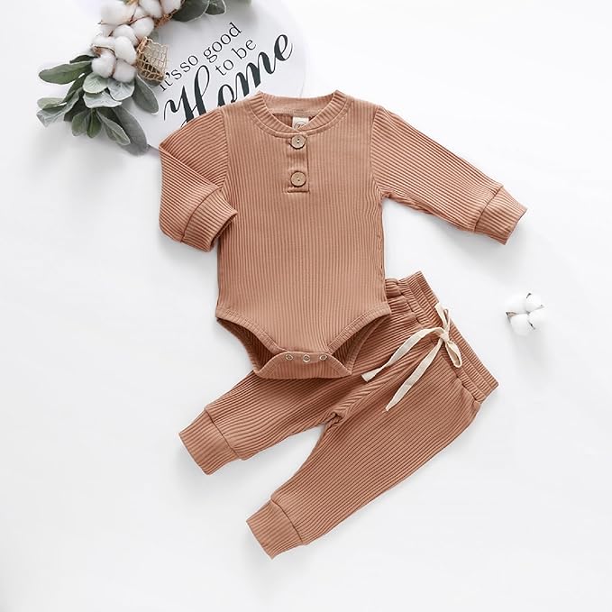 Newborn Baby Boy Girl Clothes Ribbed Knitted Cotton Long Sleeve Romper Long Pants Solid Color Fall Winter Outfits