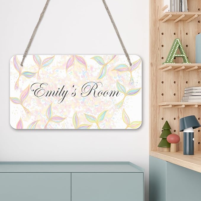 Dreamy Mermaid Design Personalized Room Door Sign Custom Name Signs Kids Girls Bedroom Decor Nursery Dorm Farmhouse Baby Room Wood Hanger Toddler Art Wall Plaque 12x6 Inches