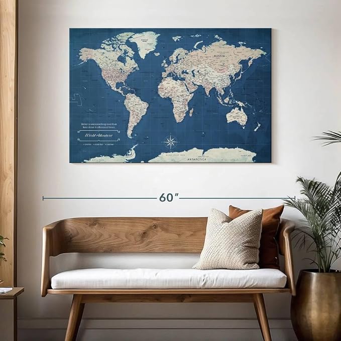 ElephantStock - World Adventures Push Pin Travel Map I Wall Art - Horizontal Canvas Wall Art - Living Room Wall Decor - Printmaking Map Canvas Art - Blue And Beige Decor - 48" x 32"