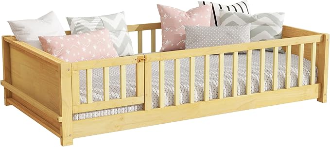 Floor Bed with Rails and Door Twin Size, Wood Montessori Floor Bed with Storage Bookcase, Kids Bed Frame with Fence for Boys Girls, Natural