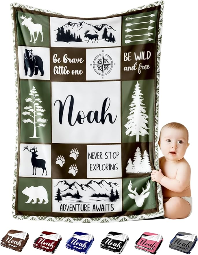 Personalized Baby Blankets with Name, Ships Next Day, Custom Baby Blanket with Letter Words, Soft Cozy Woodland Blankets, Gifts for Boys & Girls Kids Teen, Printed in USA