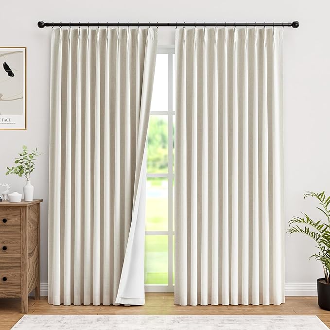 IVAPUPU Natural Pinch Pleated 100% Blackout Curtains Linen Blend Room Darkening Window Curtains 95 inch 1 Panel for Living Room Bedroom Thermal Insulated Curtain Drapes with 12 Pcs Hooks 60''Wx95''L