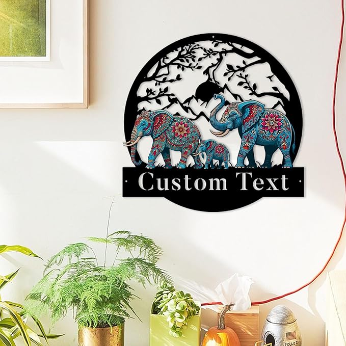 Personalized Family/Last Name Signs, Metal Signs Customized, Elephant Wall Art for Living Room/Office/Hallway/Entryway/Porch Decor, Personalize New Home Gift for Couples