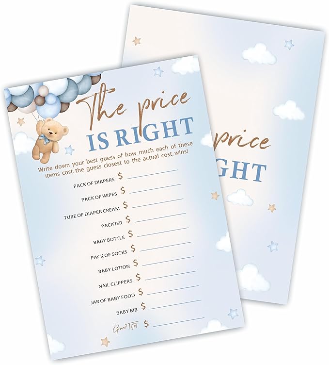 30 The Price Is Right Game Cards For Baby Shower Game & Activity - Bear & Balloons - Mommy Or Daddy Double-Sided Fill In Game Cards, Gender Reveal Game For Baby Shower Party Favors & Decorations-C03