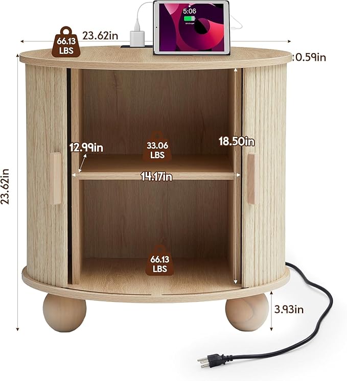 AVZEAR Fluted Round End Table with Charging Station, Farmhouse 24" Large Sofa Side Table with Sliding Door & Storage, Mid-Century Modern Wood Nightstands for Living Room, Bedroom, Natural