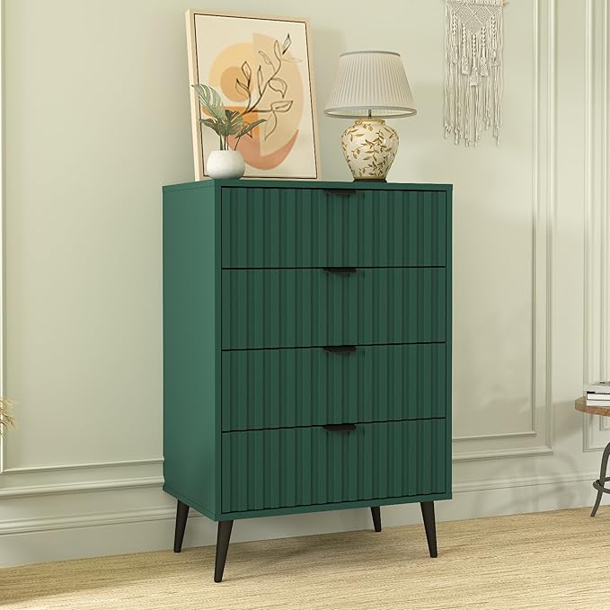 Fluted Dresser for Bedroom with 4 Drawers, 24'' Wide Modern Dresser with Metal Handle, Wood Dressers Organizer with Blister Drawers for Bedroom, Green