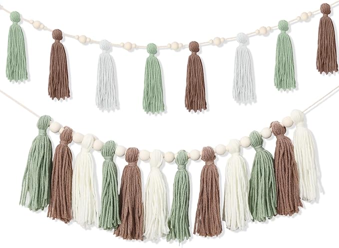 2 Pcs Tassel Garland with Wood Beads, Handmade Cotton Yarn Wall Hanging Banner Boho Tassel Wall Hanging Party Decor for Nursery, Birthday Baby Shower Home Classroom Decoration(Earth Tones)