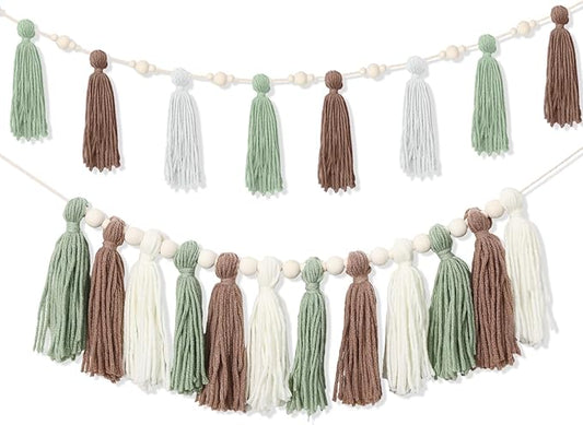 2 Pcs Tassel Garland with Wood Beads, Handmade Cotton Yarn Wall Hanging Banner Boho Tassel Wall Hanging Party Decor for Nursery, Birthday Baby Shower Home Classroom Decoration(Earth Tones)