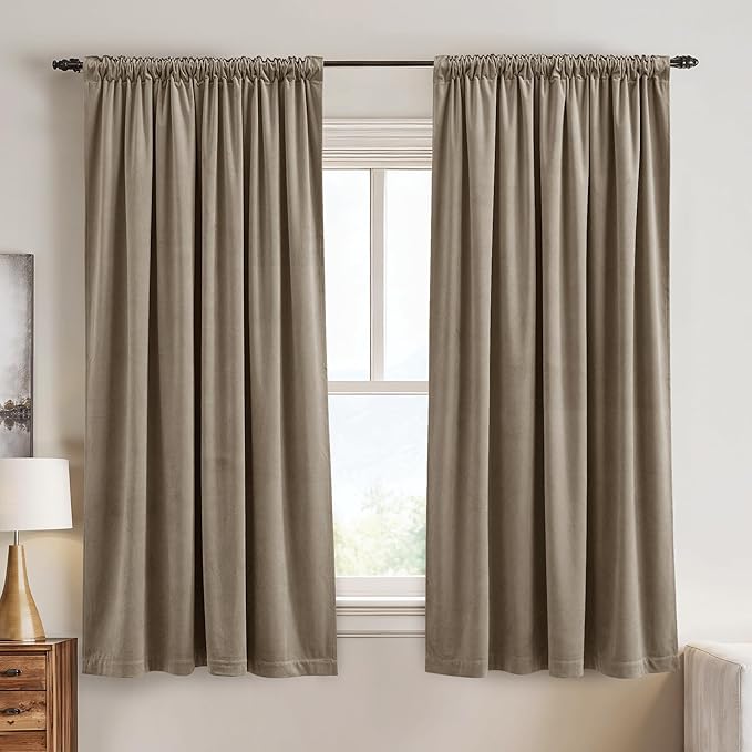StangH Camel Beige Curtains Velvet, 2 Panels Set, Thermal Insulated Room Darkening Drapes for Bedroom Living Room Home Theater, 52 x 63 Inches