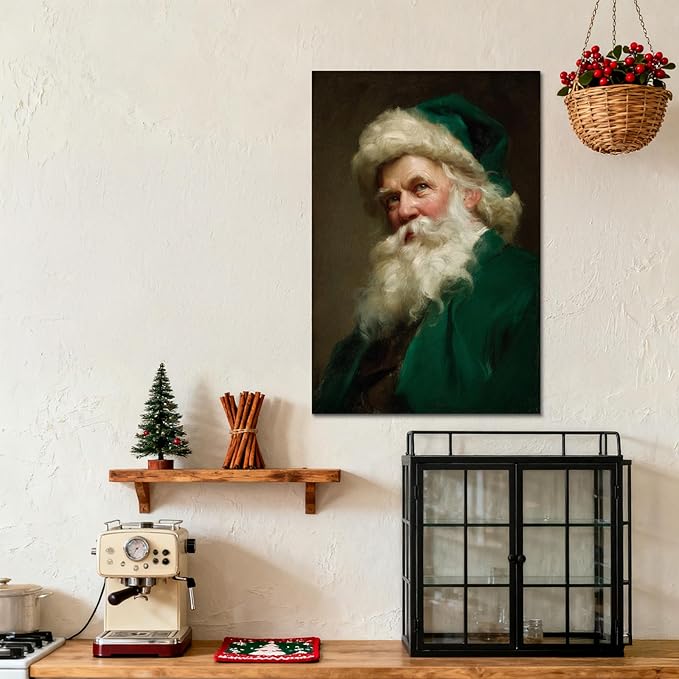 YONICA Christmas Canvas Wall Art Green Santa 20x30 Inch Historical Christmas Figure Art - Large Framed Gallery Wrapped Collectors Edition