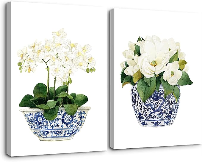 LUHDFYS White Orchid & Magnolia Watercolor Art Canvas Blue And White Chinoiserie Wall Art Print Oriental Vase Blue White Willow Style Porcelain Flower Jar Picture Poster Decor Wrapped Canvas