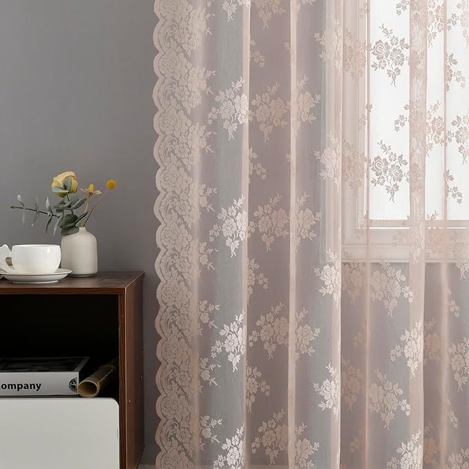 Kotile Blush Sheer Curtains 90 Inch Length 2 Panels Cottagecore Floral Coquette Curtains for Bedroom Living Room, Rod Pocket Light Filtering Privacy Lace Window Drapes, 52 x 90 Inch, Blush Pink