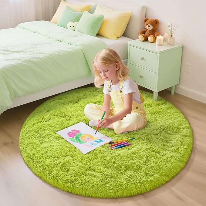 EVOIONOS Green Grass Round Rug for Bedroom, 4x4 Ft Fluffy Soft Circle Area Rugs for Living Room, Plush Shaggy Circular Carpet for Indoor Floor Bedside Girls, Machine-Washable Home Decor Aesthetic