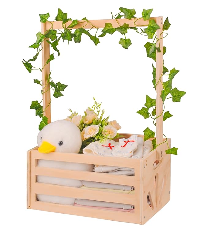Wooden Baby Shower Crate Closet, Baby Shower Basket with Garland, Welcome Gift Basket Wooden Crate for Baby Shower, Newborn Boys Girls Pregnancy Gifts for New Parents-13.5" L