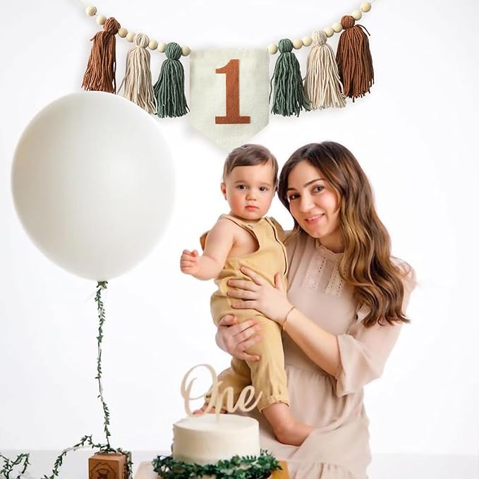 Jungle Wild One Handmade 1st Birthday High Chair Banner First Highchair Banner For Baby Boys Green Brown Wall Hangings Boho Wood Bead Tassel Garland 1 Birthday Party Decorations Photo Props