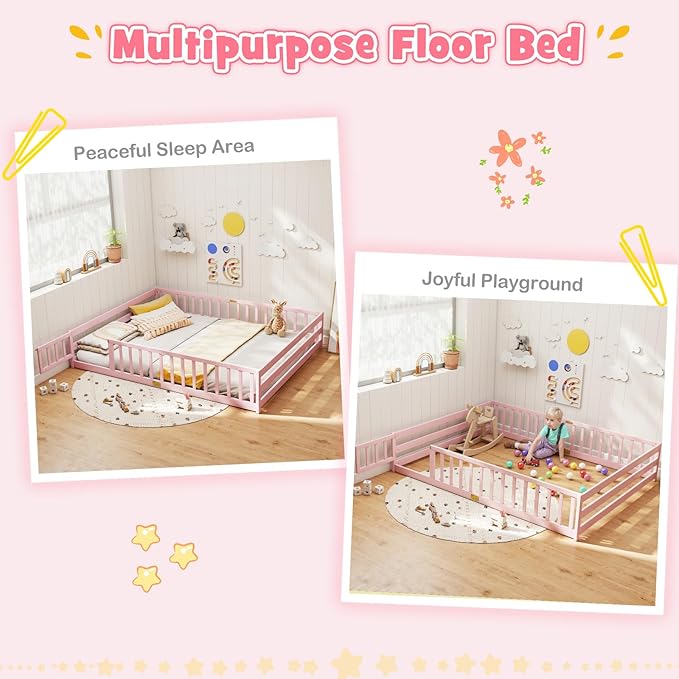 KOMFOTT Queen Size Wood Floor Bed with Door & Fence, Montessori Bed Frame with Full Length Safety Guardrails, Door & Latch, Wooden Montessori Floor Bed for Kids, Girls, Boys (Queen,Pink)