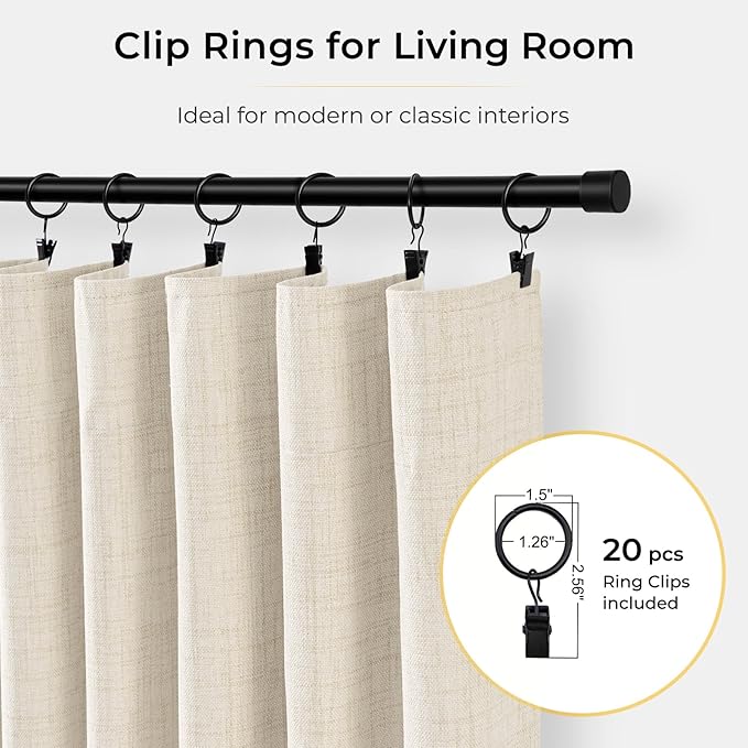INOVADAY 100% Blackout Curtains for Bedroom, Black Out Curtains 96 Inch Long, Clip Rings Linen Blackout Drapes, Thermal Insulated Room Darkening for Living Room, 2 Panels - Cream,W50xL96