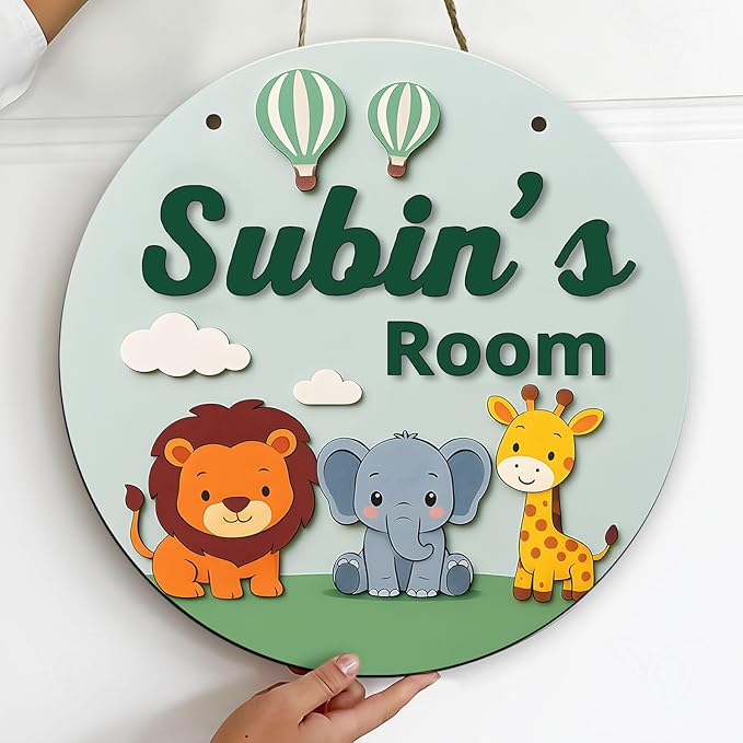 Custom Jungle Animal Room Sign – Personalized Nursery Door Plaque with Lion, Elephant, Giraffe, Nursery Wall Decor for Boys or Girls, Wooden Name Sign