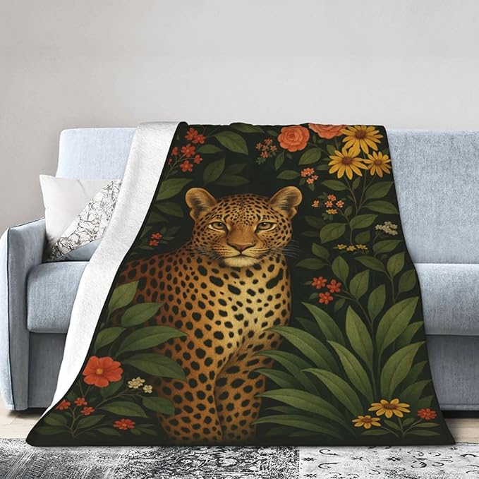 Leopard Tropical Leaves Blanket Cheetah Throw Blanket Soft Cozy Fleece Fuzzy Plush Warm Stuff Bedding Animal Blankets Gifts for Kids Girls Boys Adults Women Men 40"x50"