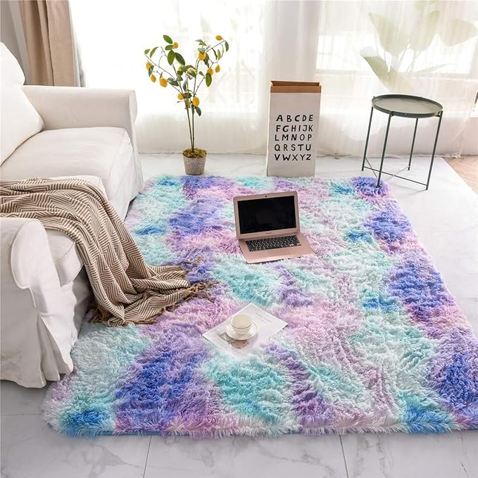DweIke Fluffy Rainbow Rugs for Bedroom Living Room, 4x6 Feet Soft Plush Shaggy Multicolor Blue Purple Girls Boys Kids Rug, Non-Slip and Machine Washable Carpet for Dorm Nursery Classroom Decor