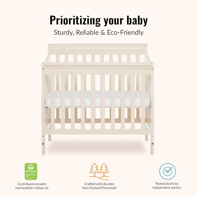 Dream On Me Aden 4-in-1 Convertible Mini Baby Crib French White, GreenGuard Gold & JPMA, Sustainable Pinewood, Non-Toxic Finish, 3 Mattress Heights, Converts to Mini Day & Twin-Size Bed