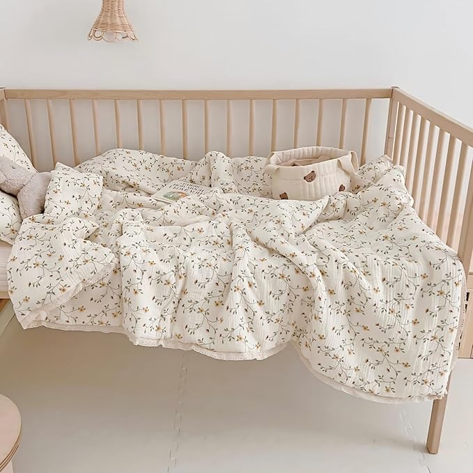 BuLuTu Muslin Toddler Quilt Cute Baby Comforter for Crib, Soft Lightweight Muslin Blankets for Girls Boys, Wildflower Pattern, 47"x59"
