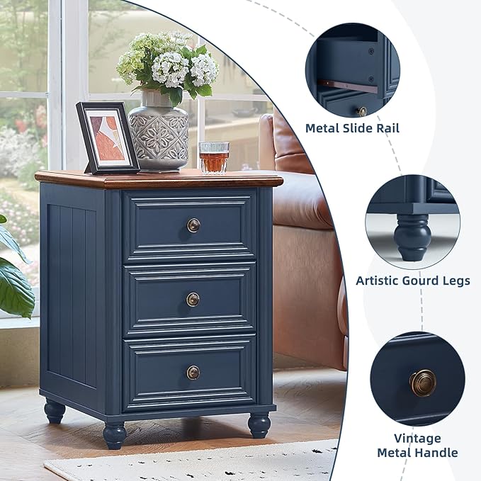 18" Farmhouse Night Stand, Blue Wood Nightstand with 3 Drawers, Bedside End Table with Storage and Roman Column, Bed Side Tables Cabinet for Bedroom, Living Room, and Closet