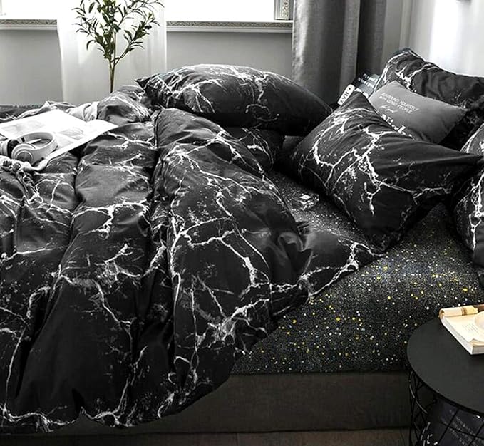 Jumeey Black Duvet Cover Queen Marble Bedding Sets Queen Black Marble Duvet Cover Full Size Black and Grey Bedding Cover Modern Men Women Teen Boy Gothic Marble Bed Abstract Black Bedding Full Set