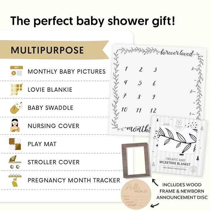 Pondering Pine Organic Baby Monthly Milestone Blanket Boy or Girl - Months Blanket with Wood Frame and Newborn Announcement Disc - Growth Chart for 1-12 Month Milestones, Gender Neutral, 47”x47”