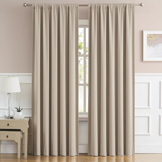 DUALIFE Taupe Room Darkening Curtains Short 2 Panels Set 45 Inch Length Light Coffee Cafe Curtains & Drapes for Bedroom 52 by 45 Inch Back Tab Loop Pocket