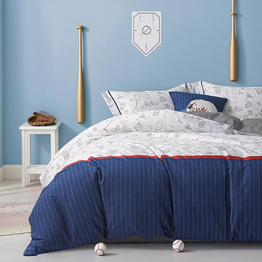 Simple&Opulence 100% Organic Cotton Duvet Cover for Kids Teens, 3 Pieces Soft Comforter Cover with Zipper Closure Cool Boy Girl Baseball Bedding Set - Sports, Twin