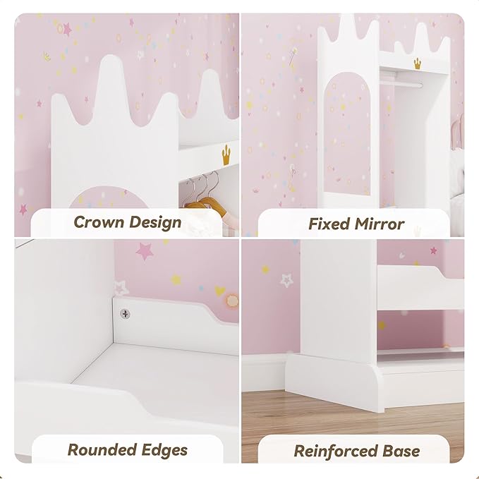 Kids Dress Up Storage with Mirror, Kids Costume Wardrobe with Shelves & Non-Woven Drawers, Children Open Hanging Armoire Costume Organizer for Kids Room, Nursery, Preschool, White