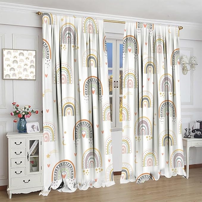 Kids Rainbow Curtains Boho Cartoon Colorful Stars Love Heart Lovely Abstract Art Pattern Print Window Drapes for Girl Bedroom Living Room Kitchen Decor,2 Panel Set,72Wx63H Inch Blackout