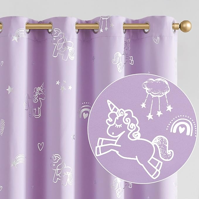 jinchan Purple Blackout Unicorn Curtains for Girls Kids Room Thermal Insulated Room Darkening Rainbow Curtains for Girls Bedroom Silver Foil Printed Grommet 84 Inches Long Purple Lilac 2 Panels