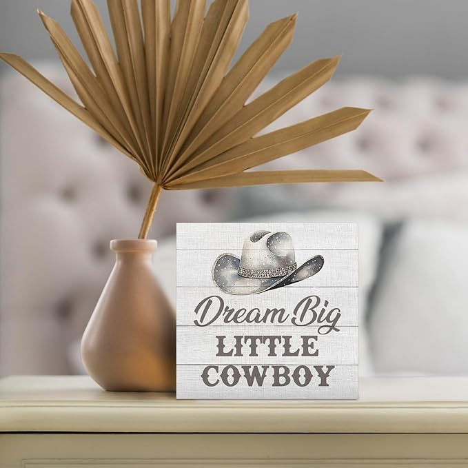 Western Nursery Wood Box Sign - Western Desk Shelf Decor, Cowboy Nursery Decor, Grey Dream Big Little Cowboy Wooden Block Plaque Box Sign for Baby Boy Dorm Room Table Decorations