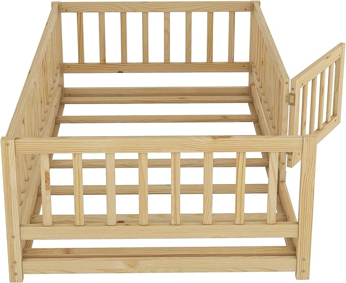 Twin Size Floor Bed Frame with Door and Slats,Montessori Floor Bed with Safety Guardrails for Girls Boys,Solid Wood Kids Montessori Bed Twin Size,Natural
