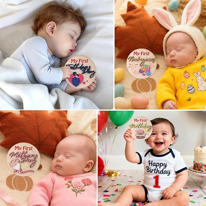My First Holiday Baby Milestone Cards Wooden Circles New Baby Sign My First Halloween/Christmas/Birthday Decorative Keepsake Signs with Storage Bag