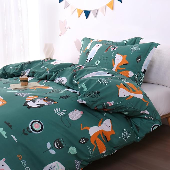 JSD Green Forest Animal Kids Duvet Cover Set Twin Size, 2 Piece Soft Printed Microfiber Comforter Cover with Pillow Sham Zipper Closure, Comforter Not Included