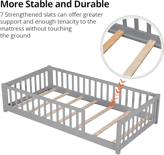 LLS Twin Floor Bed for Kids Solid Wood Montessori Bed Frame with Safety Guardrails Multifunctional Montessori Floor Bed for Toddlers, Without Door, Easy Assemble, Gray