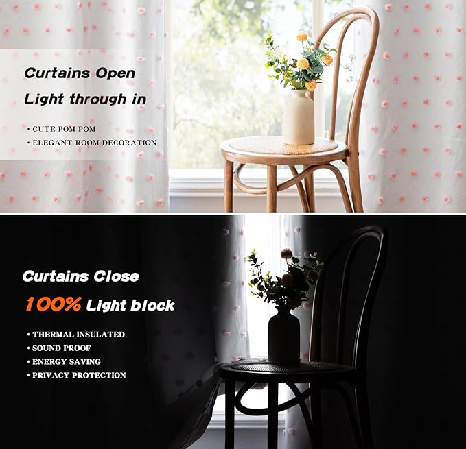 MYSKY HOME 100% Blackout Curtains for Girls Bedroom 95 Inch Long Total Room Darkening Curtain for Living Room 2 Panels Back Tab Light Blocking Sliding Door Drapes with Pink Pom Pom Sheer 52 x 95 Inch