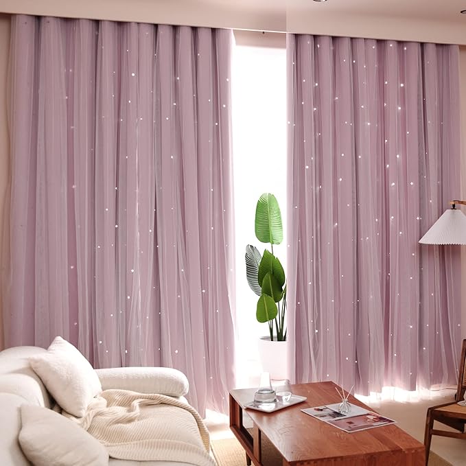 Kinryb Princess Curtains for Girls Bedroom with Sheer Overlay,Double Layer Curtain for Living Room with Star Cutout, Curtains for Kids Room (70 W*95 L Inches,2 Pcs Pink)