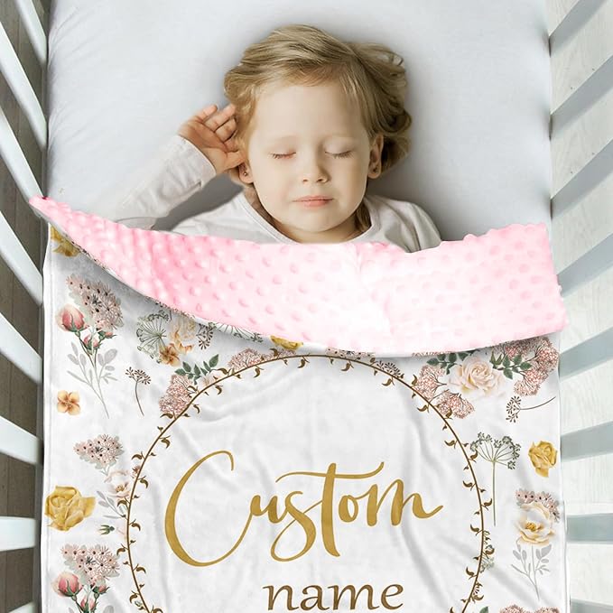 Personalized Baby Blankets for Girls, Custom Name Baby Blanket with Pink Flowers Design, Soft Receiving Blanket for Newborns and Toddlers, Ideal for Baby Showers and Nursery Decor