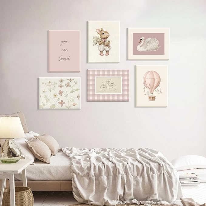 Pink Nursery Wall Art Baby Girl Canvas Wall Decor Vintage Poster Bunny Flower Wall Art Antique Preppy Pictures Animal Floral Prints Kids Swans Painting for Girls Room Bedroom 8x10x6 Inch Framed