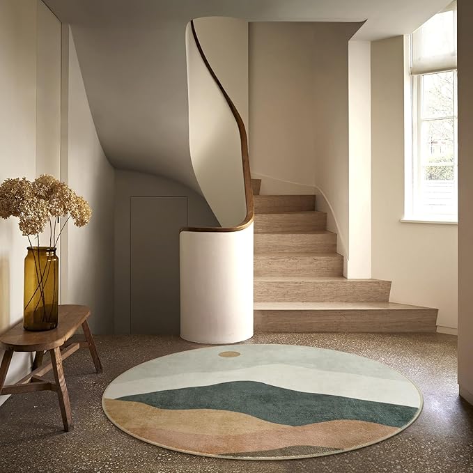5ft Abstract Round Rug,Chic Washable Non-Slip Sun and Mountain Area Circle Rug,Soft Low-Pile Circle Throw Rugs for Living Room Sofa Kids Room Decor(Grey)